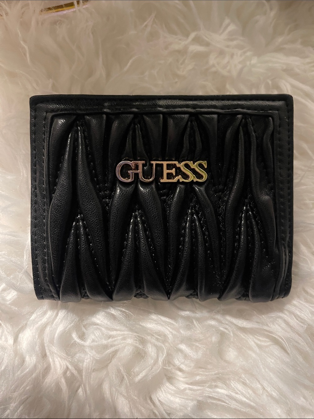 Guess Black Ruched Leather Wallet with Gold Logo
